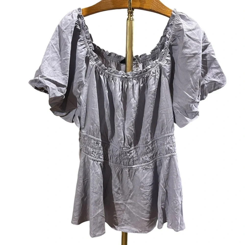 TORRID ~ Grey Peasant Top with Smocked Middle and Puff Sleeves Linen Blend